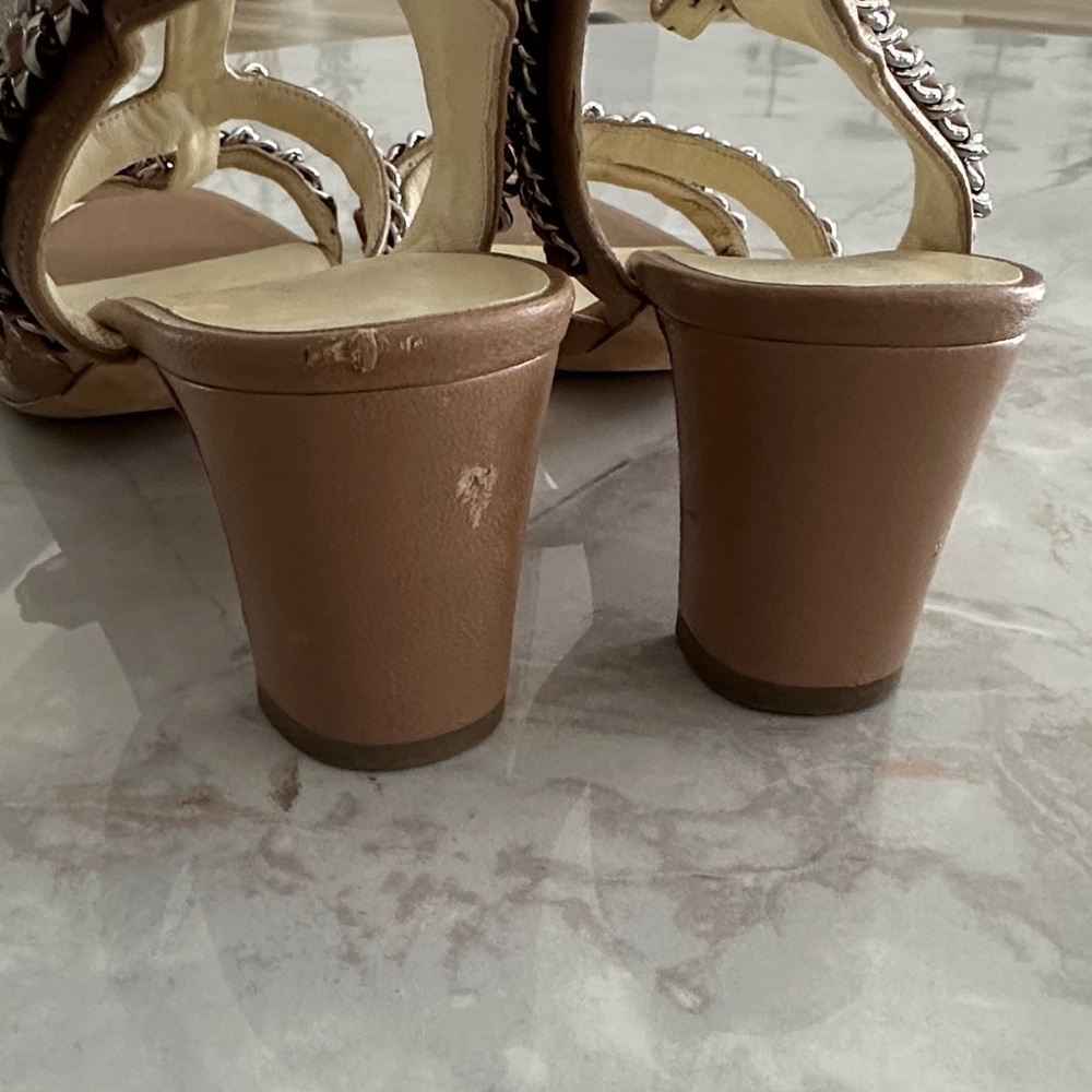 CHANEL Tan Leather Chain-Trim T-Strap Slingback Heels - Picture 7 of 9